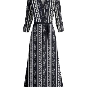 Lily by Firmiana Women's Long Sleeve Collared Maxi Dress with Tie Black & White Linear Geo