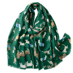 Emerald Green Summer Scarf with Happy Cats
