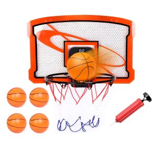 Fresh Fab Finds Indoor Mini Basketball Hoop Set Over Door Basketball Hoop with 4 Inflatable Balls Electric Audio Scorer Foldable Basket Gift for Kids and Adults