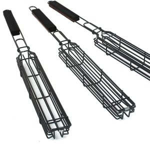 Outset Non-Stick Kabob Grill Basket. Set of 4. Carbon Steel with Hardwood Handle. Black. 19.5 x 2 x 1.5 Inch