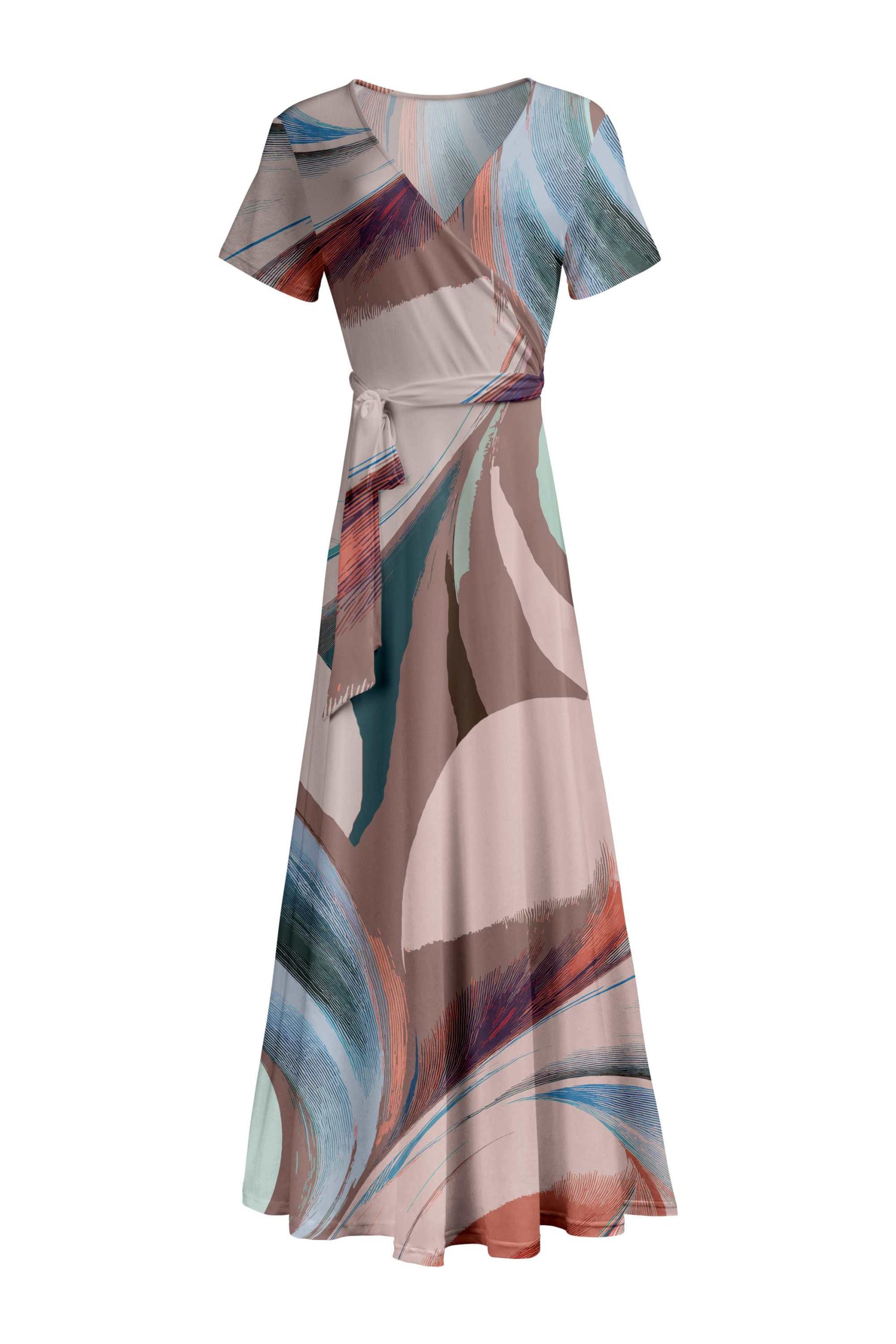 Lily by Firmiana Women's Short Sleeve Wrap-Style Maxi Dress with Tie Blue & Taupe Brushstroke Abstract