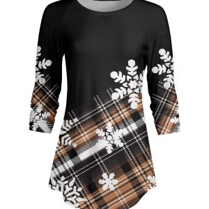 Lily by Firmiana Women's ¾ Sleeve Scoop Neck Tunic Top Brown and Black Snowflake Print