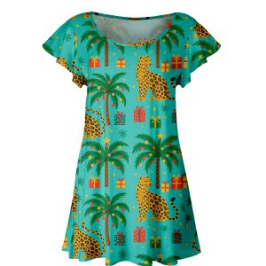 Lily by Firmiana Women's Short Sleeve Flutter Hem Tunic Top Green Palm Tree Holiday Print