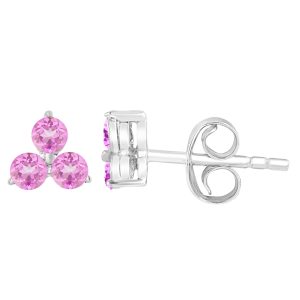 Sterling Silver Natural Pink Sapphire Three Stone Stud Earrings