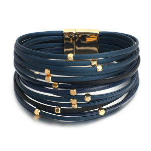 Navy Faux Leather Goldtone Bracelet With Gold Accents