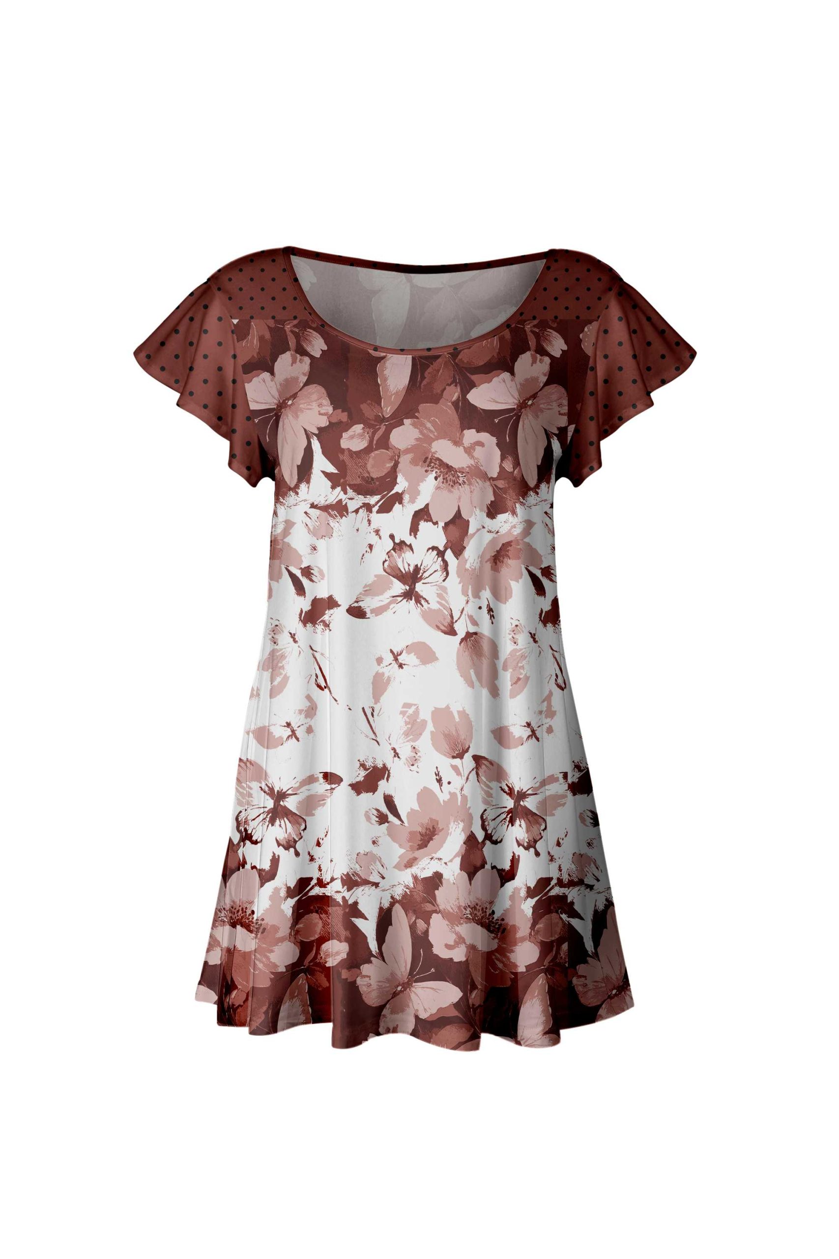 Lily by Firmiana Women's Short Sleeve Flutter Hem Tunic Top Brown & White Floral Border - Image 4