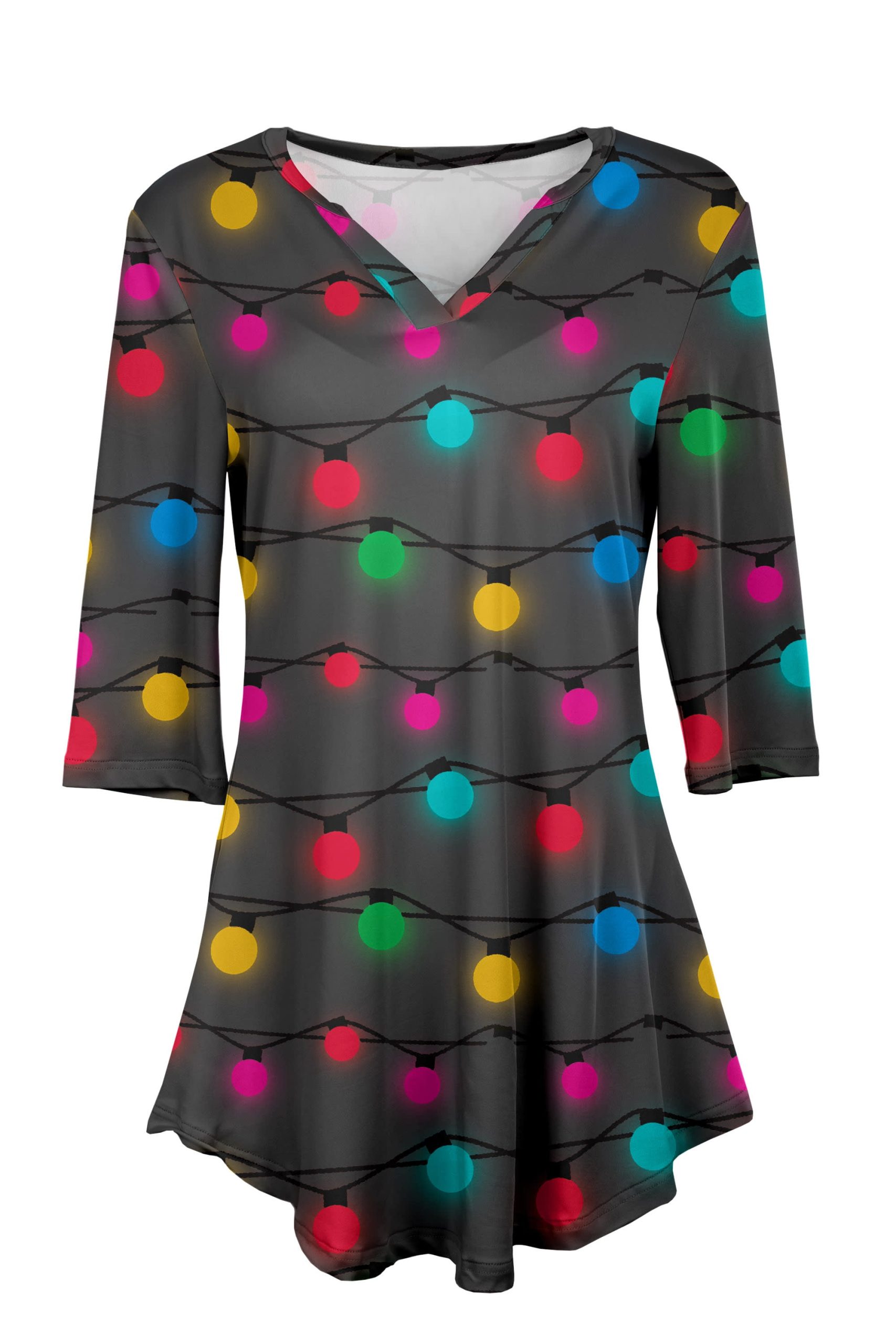 Lily by Firmiana Women's 3/4 Sleeve Notch Neck Tunic Charcoal Christmas Light Bulb Print - Image 6