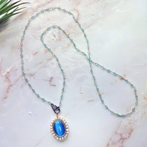 MGR Women's Detachable Cat's Eye Pendant & Blue Topaz Multi-Use Necklace
