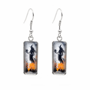 Halloween Themed Rectangular Drop Earrings - Flying Witch