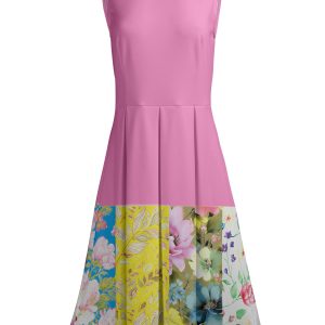 Lily by Firmiana Women's Sleeveless Dress with Pleated Skirt Pink & Yellow Floral