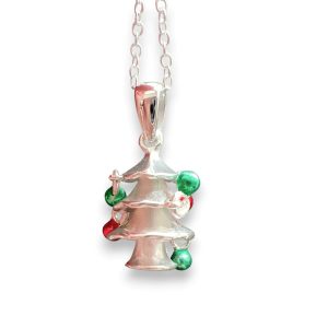 Vera & Co Women Sterling Silver Diamenional Christmas Tree Dangle with Green and Red Enamel Balls 18 inches