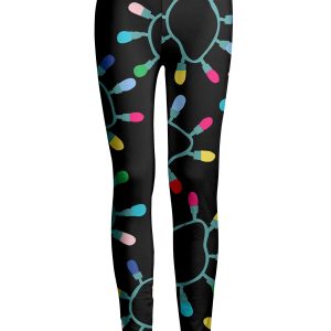 Lily by Firmiana Women's Medium Rise Printed Legging Black with Multicolor Christmas Lights Toss Print