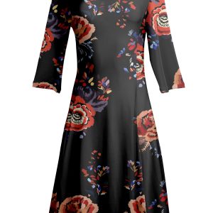 Lily by Firmiana Women's ¾ Sleeve Fit-and-Flare Dress Black & Multicolor Floral Print