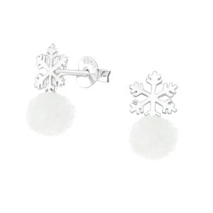 Ag Sterling Snowflake & White Pom Pom Dainty Stud Earrings