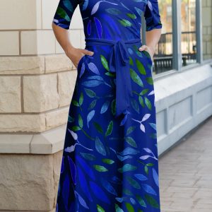 Lily by Firmiana Women's ? Sleeve Wrap-Style Maxi Dress with Tie Blue & Green Leaf Pattern
