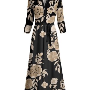 Lily by Firmiana Women's Long Sleeve Collared Maxi Dress with Tie Black & Tan