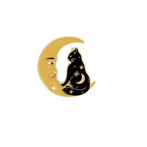 Black Celestial Cat On Moon Brooch