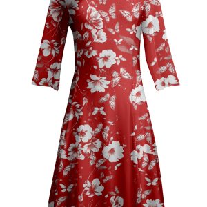 Lily by Firmiana Women's ¾ Sleeve Fit-and-Flare Dress Red & White Floral Print