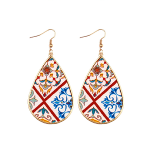Don't AsK Red & Blue Arabesque Patterned Teardrop Earrings ?C Boho Print Dangles