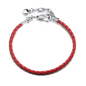Silvertone braided leather adjustable charm bracelet in red