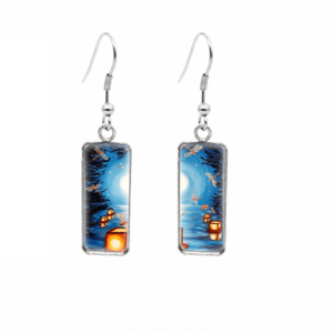 Don't AsK Rectangular Art-Print Drop Earrings ?C Lanterns on Water at Night ?C Lightweight Dangle Earrings for Women