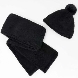 Sprigs Sherpa Beanie w/ Pom Pom & Sherpa Scarf Set Black