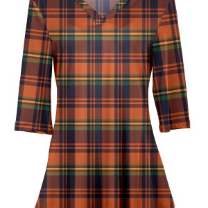 Lily by Firmiana Women's 3/4 Sleeve Notch Neck Tunic Orange & Brown Autumn Plaid Print