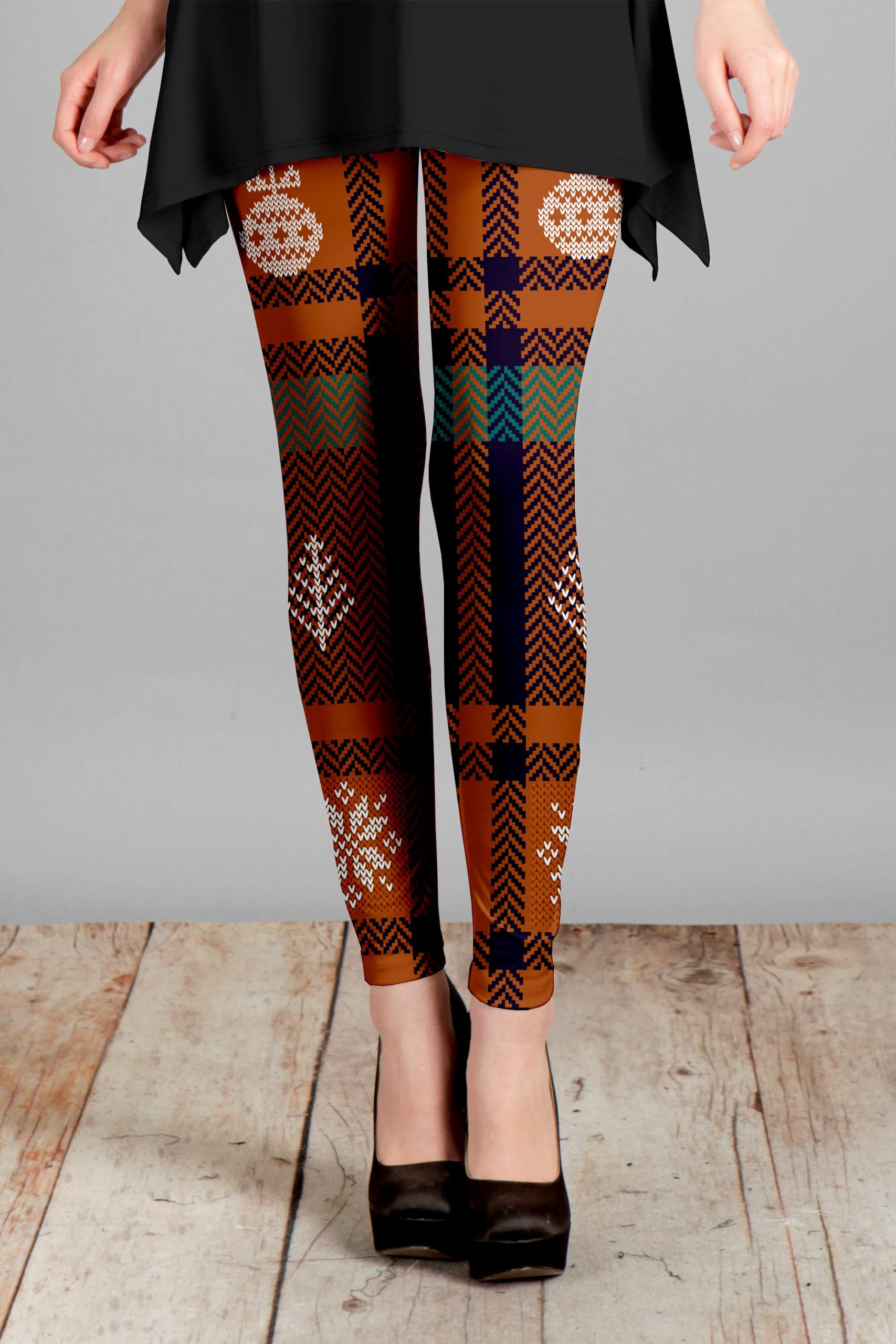 Lily by Firmiana Women's Medium Rise Printed Legging Brown Patchwork Holiday Print - Image 3