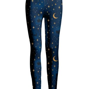 Lily by Firmiana Women's Medium Rise Printed Legging Navy & Gold Night Sky Star Print