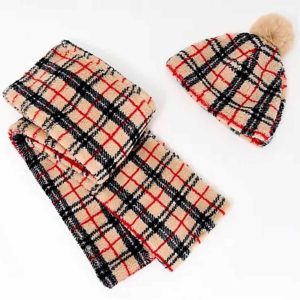 Sprigs Sherpa Beanie w/ Pom Pom & Sherpa Scarf Set Tan Plaid