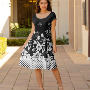 Lily by Firmiana Women's Cap Sleeve Short Dress Black & White Floral Border