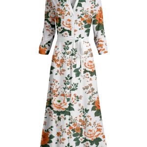 Lily by Firmiana Women's Long Sleeve Collared Maxi Dress with Tie Cream & Orange Floral