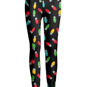 Lily by Firmiana Women's Medium Rise Printed Legging Black with Multicolor Christmas Light Print