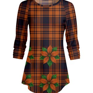 Lily by Firmiana Women's ¾ Sleeve Scoop Neck Tunic Top Rust Plaid Floral Border