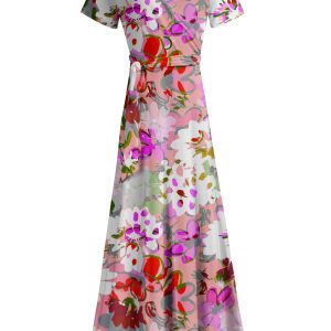 Lily by Firmiana Women's Short Sleeve Wrap-Style Maxi Dress with Tie White & Multicolor Floral Abstract