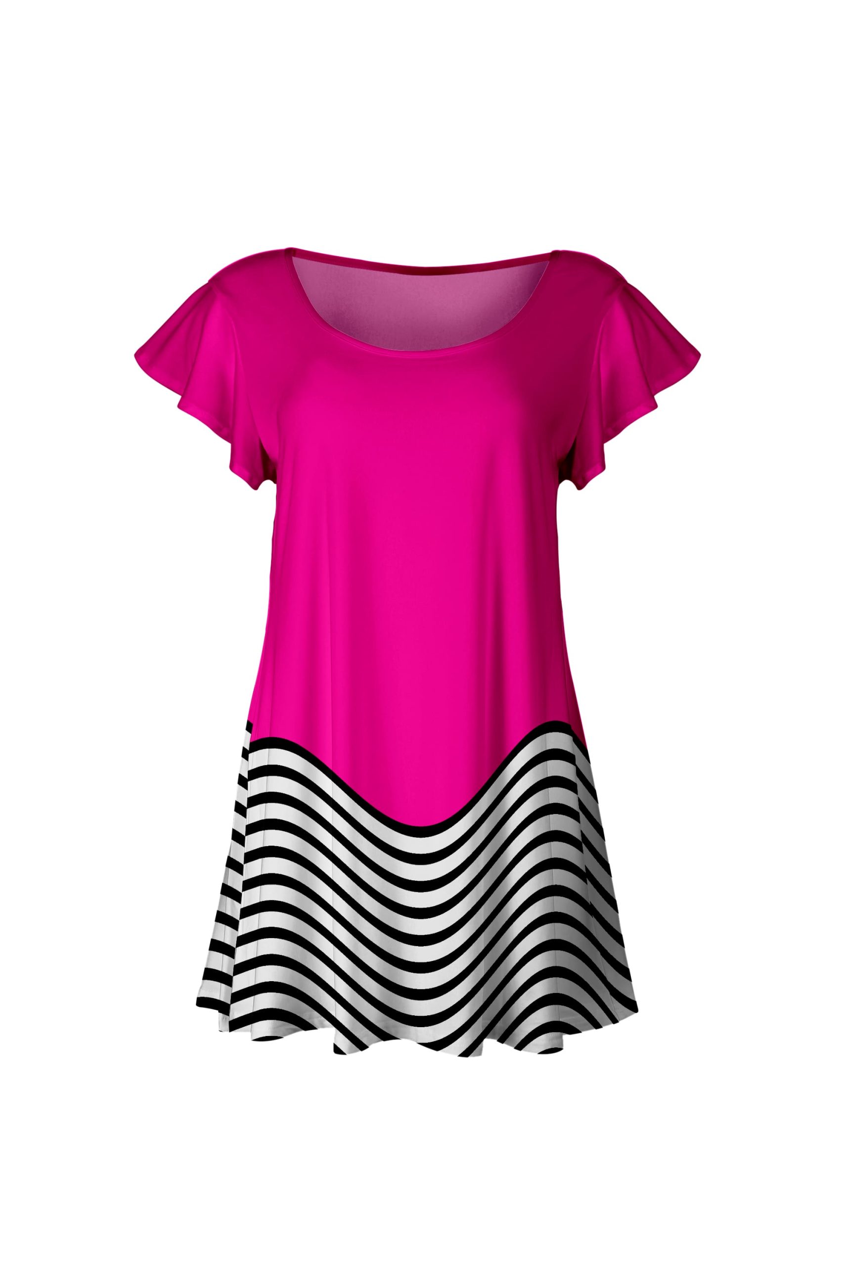 Lily by Firmiana Women's Short Sleeve Flutter Hem Tunic Top Hot Pink & Black Chevron Hem