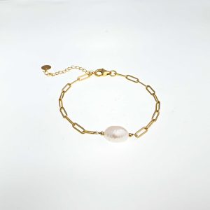 V3 Jewelry Freshwater Pearl 18k Gold Plated Sterling Silver Paperclip Adjustable Bracelet