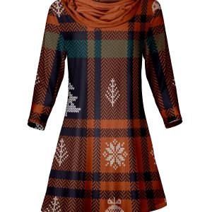 Lily by Firmiana Women's Long Sleeve Cowl Neck Plaid Tunic Dress Brown & Teal Plaid Tunic Dress