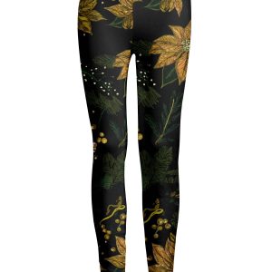 Lily by Firmiana Women's Medium Rise Printed Legging Black & Gold Holiday Leaf Print
