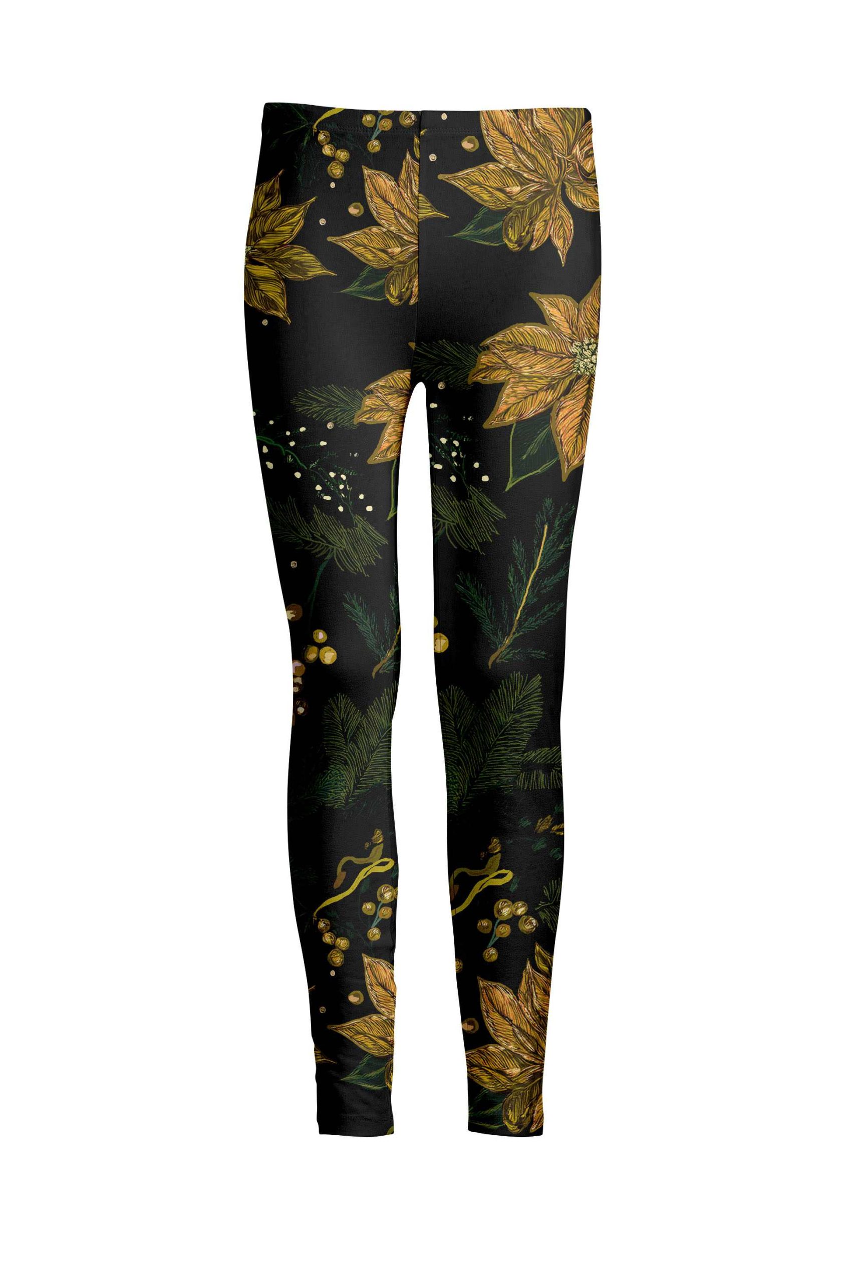 Lily by Firmiana Women's Medium Rise Printed Legging Black & Gold Holiday Leaf Print
