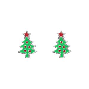 Ag Sterling Green and Red Dotted Christmas Tree Stud Earrings