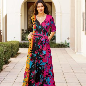 Lily by Firmiana Women's ? Sleeve Wrap-Style Maxi Dress with Tie Fuchsia & Blue Tropical Floral