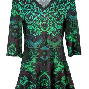 Lily by Firmiana Women's 3/4 Sleeve Notch Neck Tunic Green & Black Baroque Holiday Print