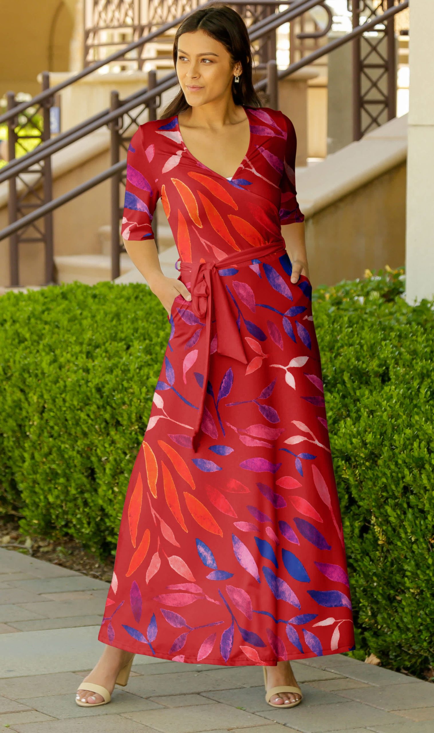 Lily by Firmiana Women's ? Sleeve Wrap-Style Maxi Dress with Tie Red & Blue Brushstroke Abstract