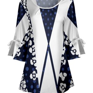 Lily by Firmiana Women's Round Neck Tunic with Split Hem ¾ Sleeves and Tie Detail Navy & White Chevron Floral Mix