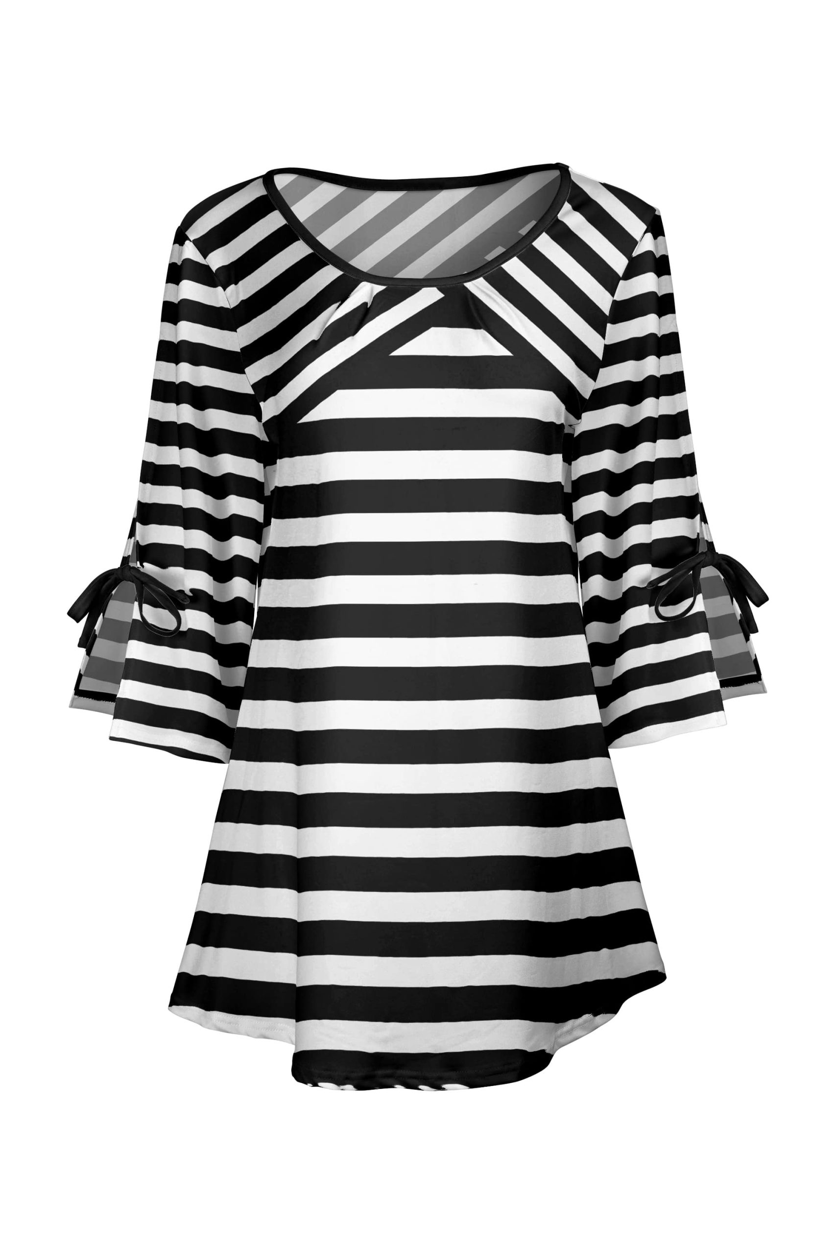 Lily by Firmiana Women's Round Neck Tunic with Split Hem ¾ Sleeves and Tie Detail Black & White Horizontal Stripe - Image 5