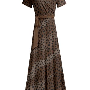 Lily by Firmiana Women's Short Sleeve Wrap-Style Maxi Dress with Tie Brown & Tan Dotted Geo Print