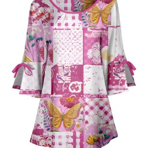 Lily by Firmiana Women's Round Neck Tunic with Split Hem ¾ Sleeves and Tie Detail Pink Butterfly Patchwork