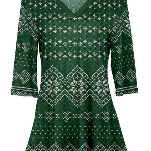 Lily by Firmiana Women's 3/4 Sleeve Notch Neck Tunic Emerald Fair Isle Holiday Sweater Print