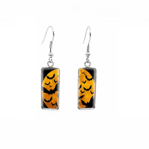 Halloween Themed Rectangular Drop Earrings - Orange Moon & Bats